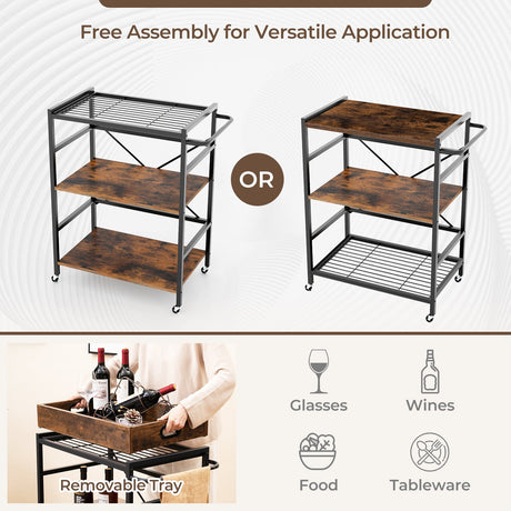 Carrito de bar industrial de 3 niveles con bandeja desmontable para cocinas - Marrón rústico