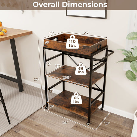 Carrito de bar industrial de 3 niveles con bandeja desmontable para cocinas - Marrón rústico