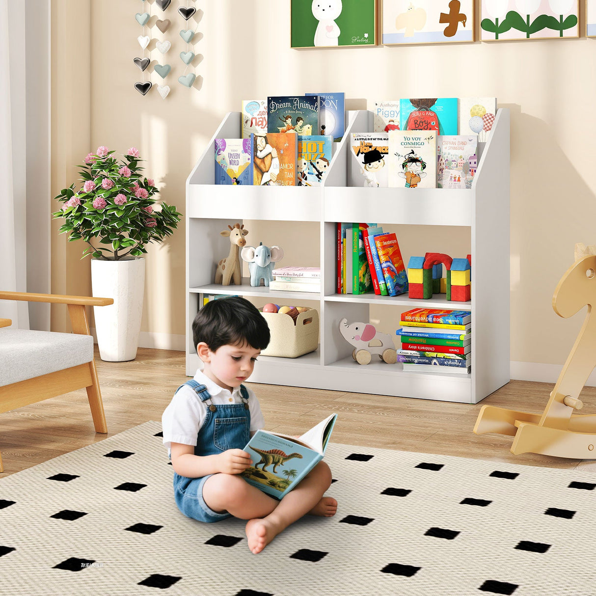 3-Tier Kid's Bookshelf Toy Storage Organizer with Display Rack and 4 Compartments-White