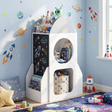 Estantería infantil de 3 niveles con temática espacial de cohete, organizador de almacenamiento de juguetes para niños pequeños - Blanco