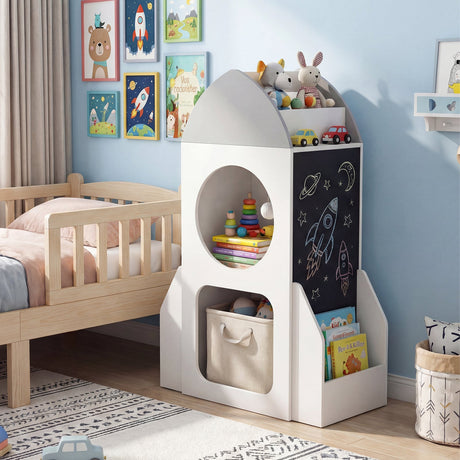 Estantería infantil de 3 niveles con temática espacial de cohete, organizador de almacenamiento de juguetes para niños pequeños - Blanco