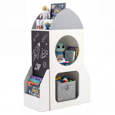 Estantería infantil de 3 niveles con temática espacial de cohete, organizador de almacenamiento de juguetes para niños pequeños - Blanco