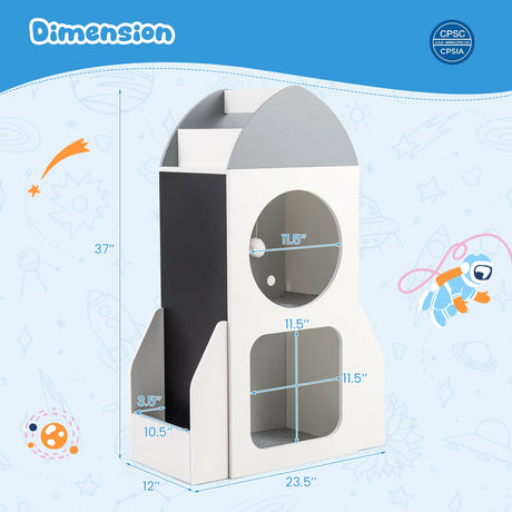 Estantería infantil de 3 niveles con temática espacial de cohete, organizador de almacenamiento de juguetes para niños pequeños - Blanco