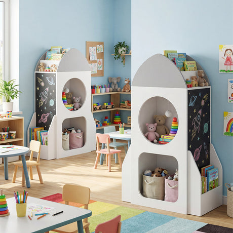 Estantería infantil de 3 niveles con temática espacial de cohete, organizador de almacenamiento de juguetes para niños pequeños - Blanco