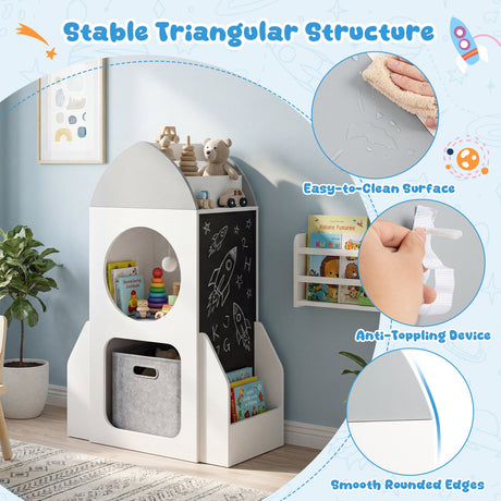 Estantería infantil de 3 niveles con temática espacial de cohete, organizador de almacenamiento de juguetes para niños pequeños - Blanco