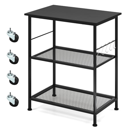 Carrito de servicio de cocina de 3 niveles con ruedas, estante utilitario para microondas con ganchos