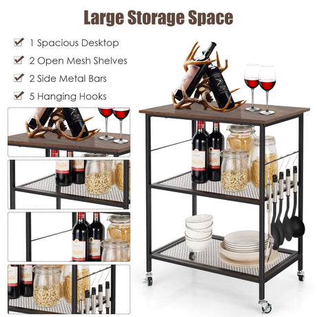 Carrito organizador de cocina industrial de 3 niveles con almacenamiento - Marrón