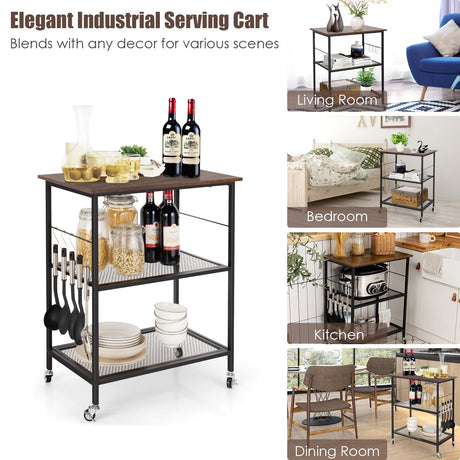 Carrito organizador de cocina industrial de 3 niveles con almacenamiento - Marrón