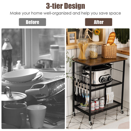Carrito organizador de cocina industrial de 3 niveles con almacenamiento - Marrón