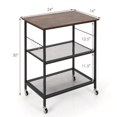 Carrito organizador de cocina industrial de 3 niveles con almacenamiento - Marrón