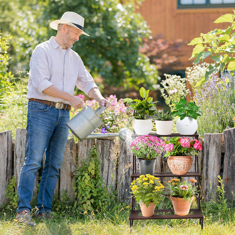 Soporte metálico de 3 niveles para plantas con ruedas y asa para balcón