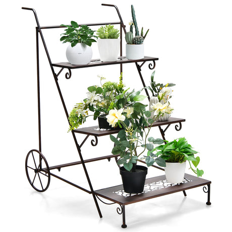 Soporte metálico de 3 niveles para plantas con ruedas y asa para balcón