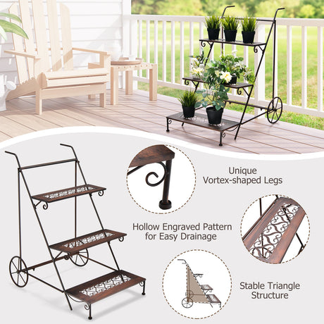 Soporte metálico de 3 niveles para plantas con ruedas y asa para balcón