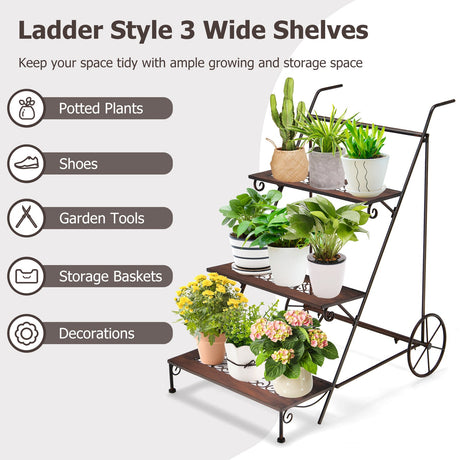 Soporte metálico de 3 niveles para plantas con ruedas y asa para balcón