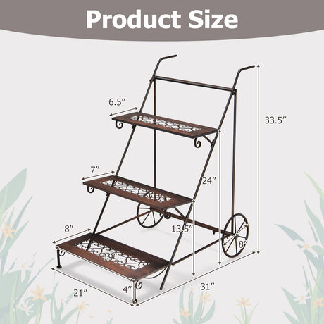 Soporte metálico de 3 niveles para plantas con ruedas y asa para balcón