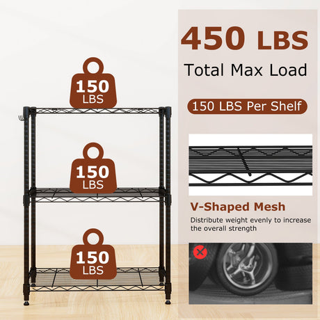Estantería de Almacenamiento de Metal de 3 Niveles con Estante de Alambre en Forma de V y Capacidad de 204 kg - Negro