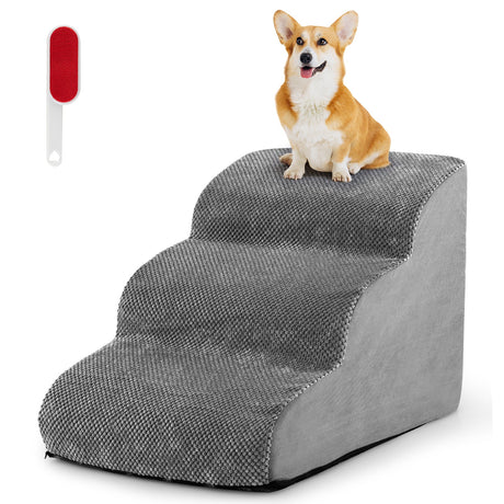 Escalones Antideslizantes de 3 Peldaños para Perros con Esponja de Alta Densidad y Huellas de Pata de Silicona - Gris