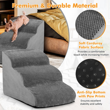Escalones Antideslizantes de 3 Peldaños para Perros con Esponja de Alta Densidad y Huellas de Pata de Silicona - Gris