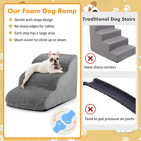 Escalones Antideslizantes de 3 Peldaños para Perros con Esponja de Alta Densidad y Huellas de Pata de Silicona - Gris