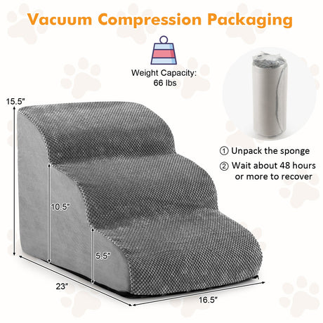 Escalones Antideslizantes de 3 Peldaños para Perros con Esponja de Alta Densidad y Huellas de Pata de Silicona - Gris