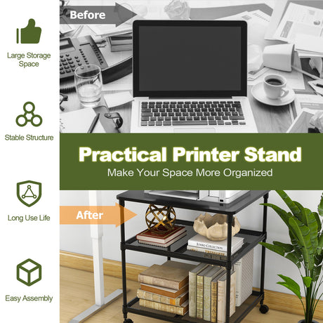 Mesa auxiliar para impresora de 3 niveles con estante ajustable y ruedas giratorias