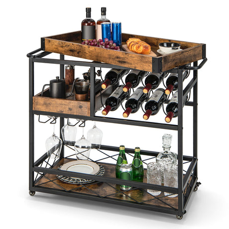 Carrito de bar con ruedas de 3 niveles con bandeja extraíble y botellero - Marrón rústico