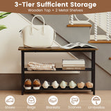 3-Tier Shoe Rack Shoe Bench with Metal Slat Shelves and Long Wooden Seat-Rustic Brown