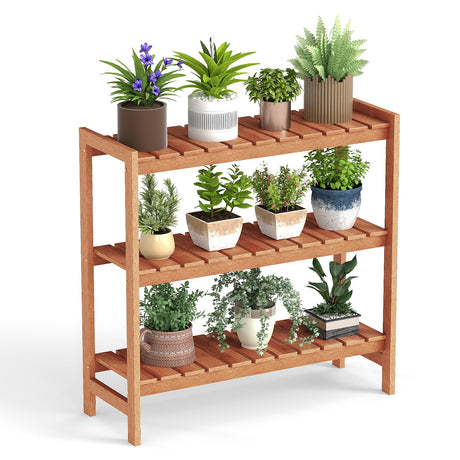 Estante para plantas de madera maciza de 3 niveles con estantes de rejilla