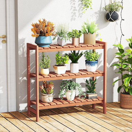 Estante para plantas de madera maciza de 3 niveles con estantes de rejilla