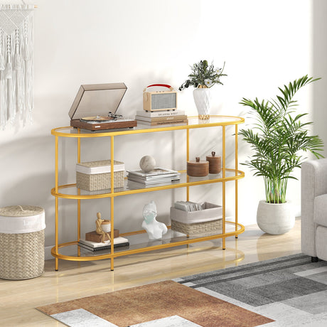 Mueble de TV de 3 niveles con estantes de cristal templado para sala de estar-Dorado