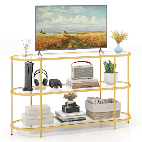 Mueble de TV de 3 niveles con estantes de cristal templado para sala de estar-Dorado