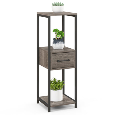 Soporte de Metal Alto de 3 Niveles con Cajón para Plantas, para Balcón y Oficina - Gris