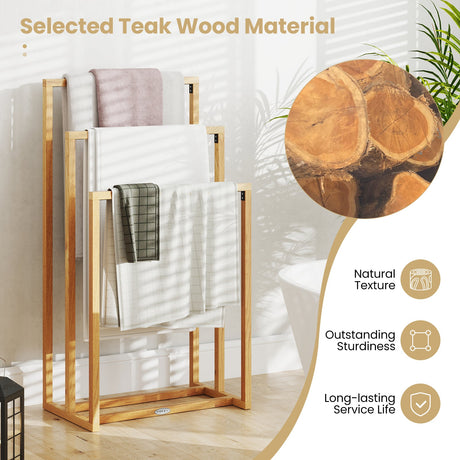 Toallero de madera de teca de 3 niveles con 3 barras transversales para colgar