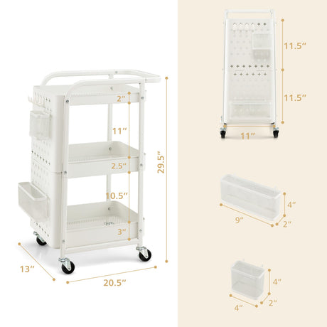 Carrito de almacenamiento utilitario de 3 niveles con cestas de tablero perforado DIY