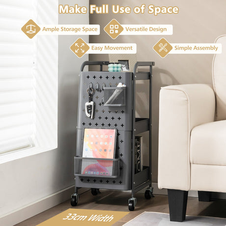 Carrito de almacenamiento utilitario de 3 niveles con cestas de tablero perforado DIY