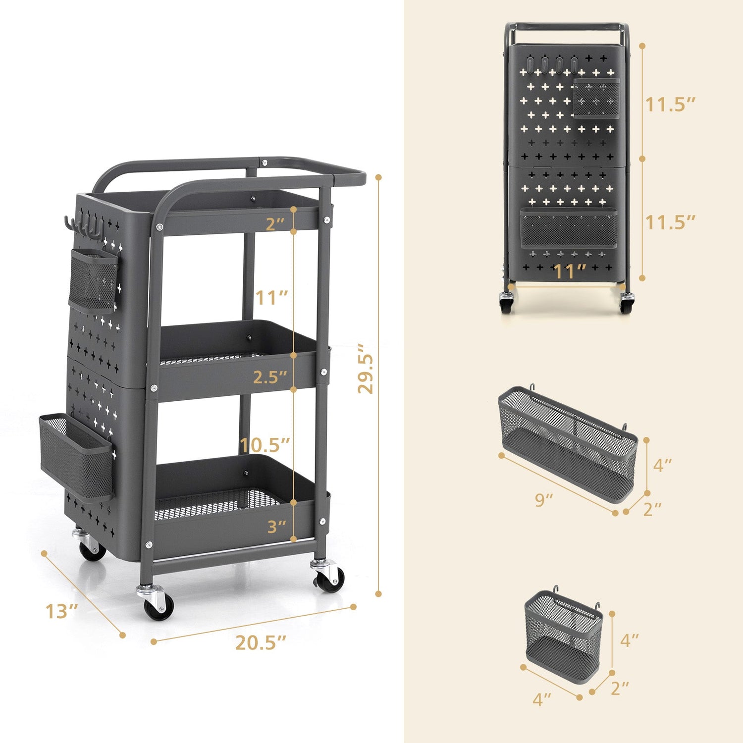 Carrito de almacenamiento utilitario de 3 niveles con cestas de tablero perforado DIY