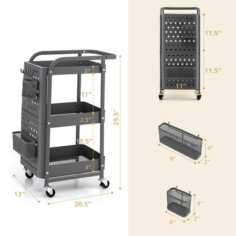 Carrito de almacenamiento utilitario de 3 niveles con cestas de tablero perforado DIY