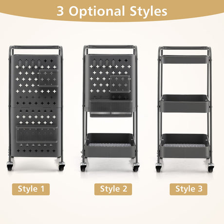 Carrito de almacenamiento utilitario de 3 niveles con cestas de tablero perforado DIY