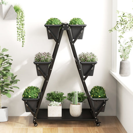 Huerto urbano vertical de 3 niveles con 4 ruedas y 6 jardineras - Negro