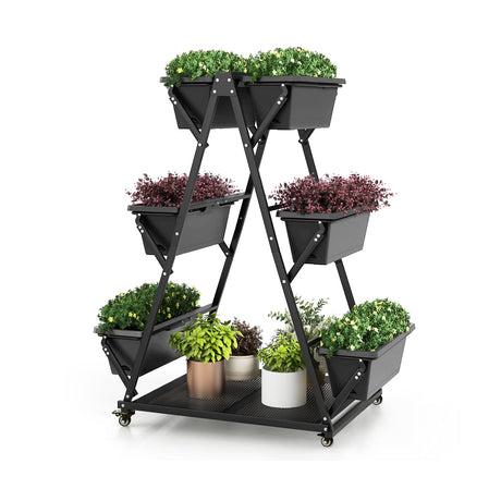 Huerto urbano vertical de 3 niveles con 4 ruedas y 6 jardineras - Negro