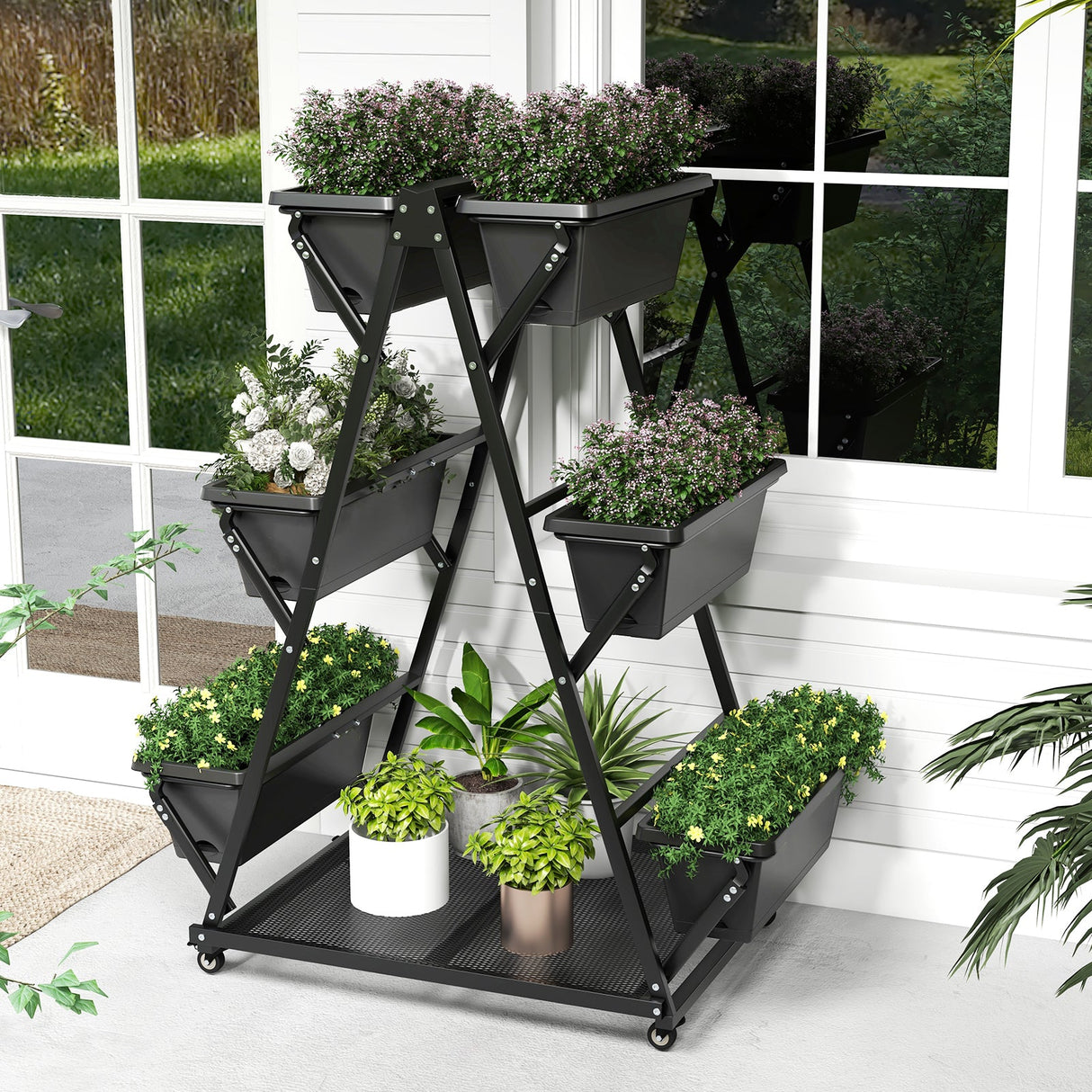 Huerto urbano vertical de 3 niveles con 4 ruedas y 6 jardineras - Negro