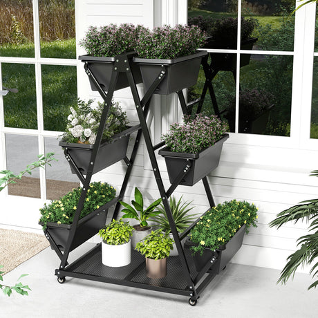 Huerto urbano vertical de 3 niveles con 4 ruedas y 6 jardineras - Negro