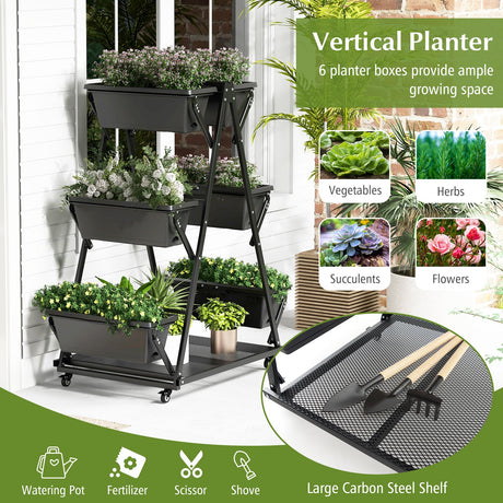 Huerto urbano vertical de 3 niveles con 4 ruedas y 6 jardineras - Negro