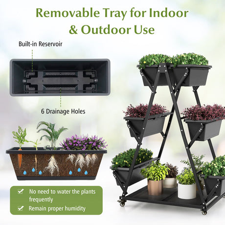 Huerto urbano vertical de 3 niveles con 4 ruedas y 6 jardineras - Negro