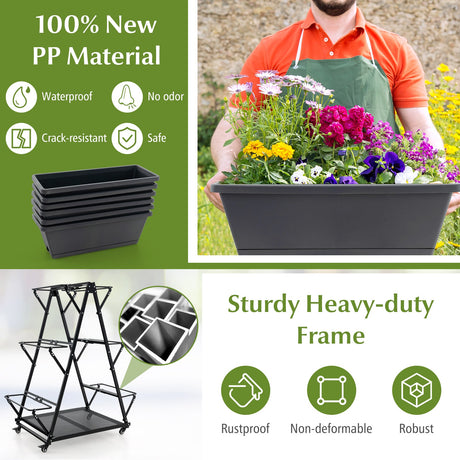 Huerto urbano vertical de 3 niveles con 4 ruedas y 6 jardineras - Negro