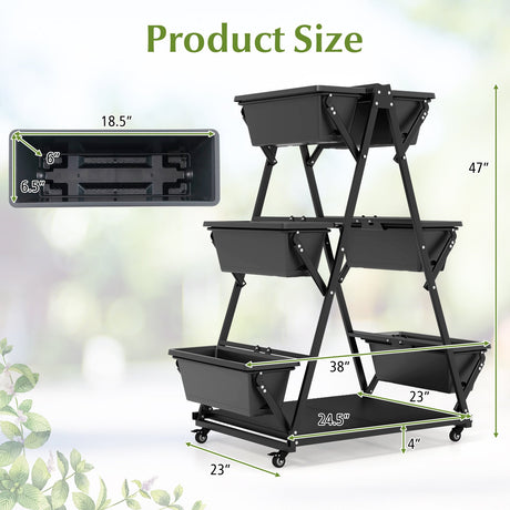 Huerto urbano vertical de 3 niveles con 4 ruedas y 6 jardineras - Negro
