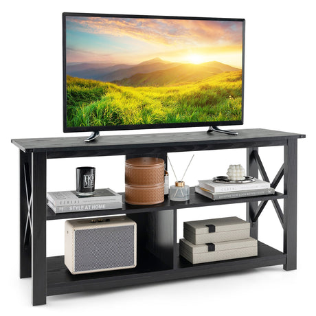 Mueble de TV de madera de 3 niveles para 55 pulgadas con estantes abiertos y estructura en forma de X