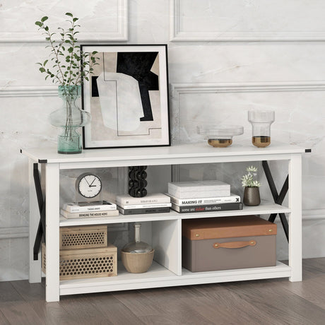 Mueble de TV de madera de 3 niveles para 55 pulgadas con estantes abiertos y estructura en forma de X