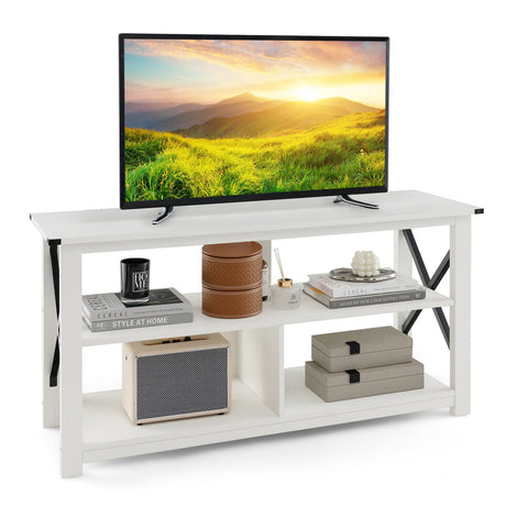 Mueble de TV de madera de 3 niveles para 55 pulgadas con estantes abiertos y estructura en forma de X
