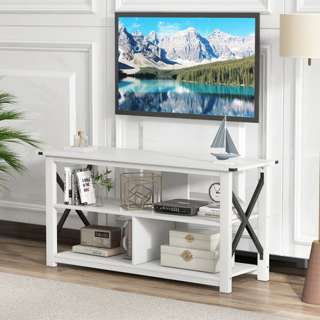 Mueble de TV de madera de 3 niveles para 55 pulgadas con estantes abiertos y estructura en forma de X